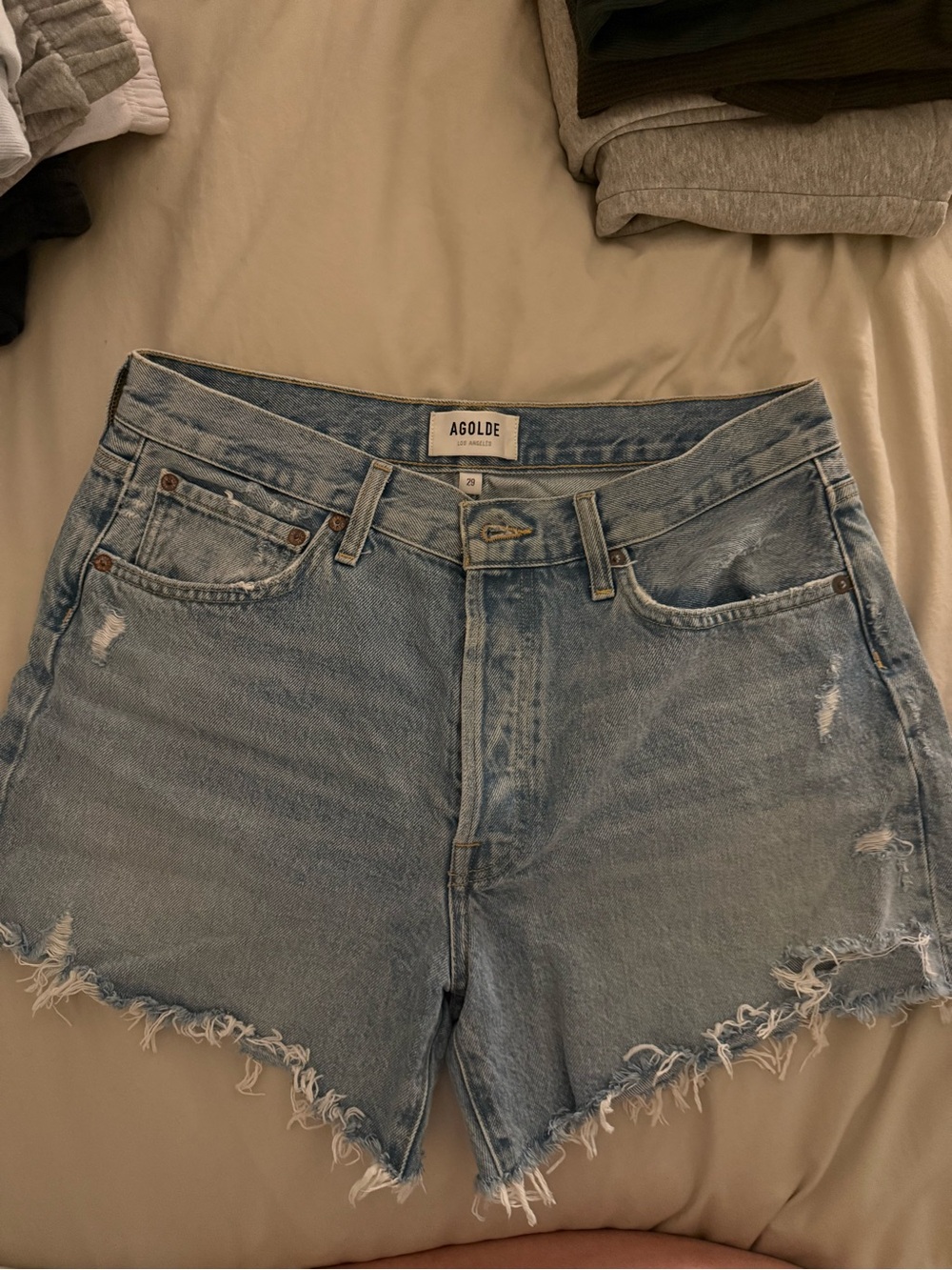 Agolde Light Blue Distressed High-Rise Denim Shorts
